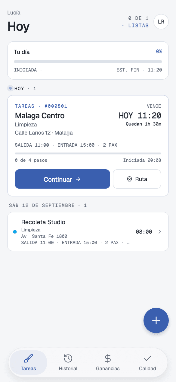 Inicio actual de la app móvil de Gried para staff, con tareas, progreso y próximos trabajos.