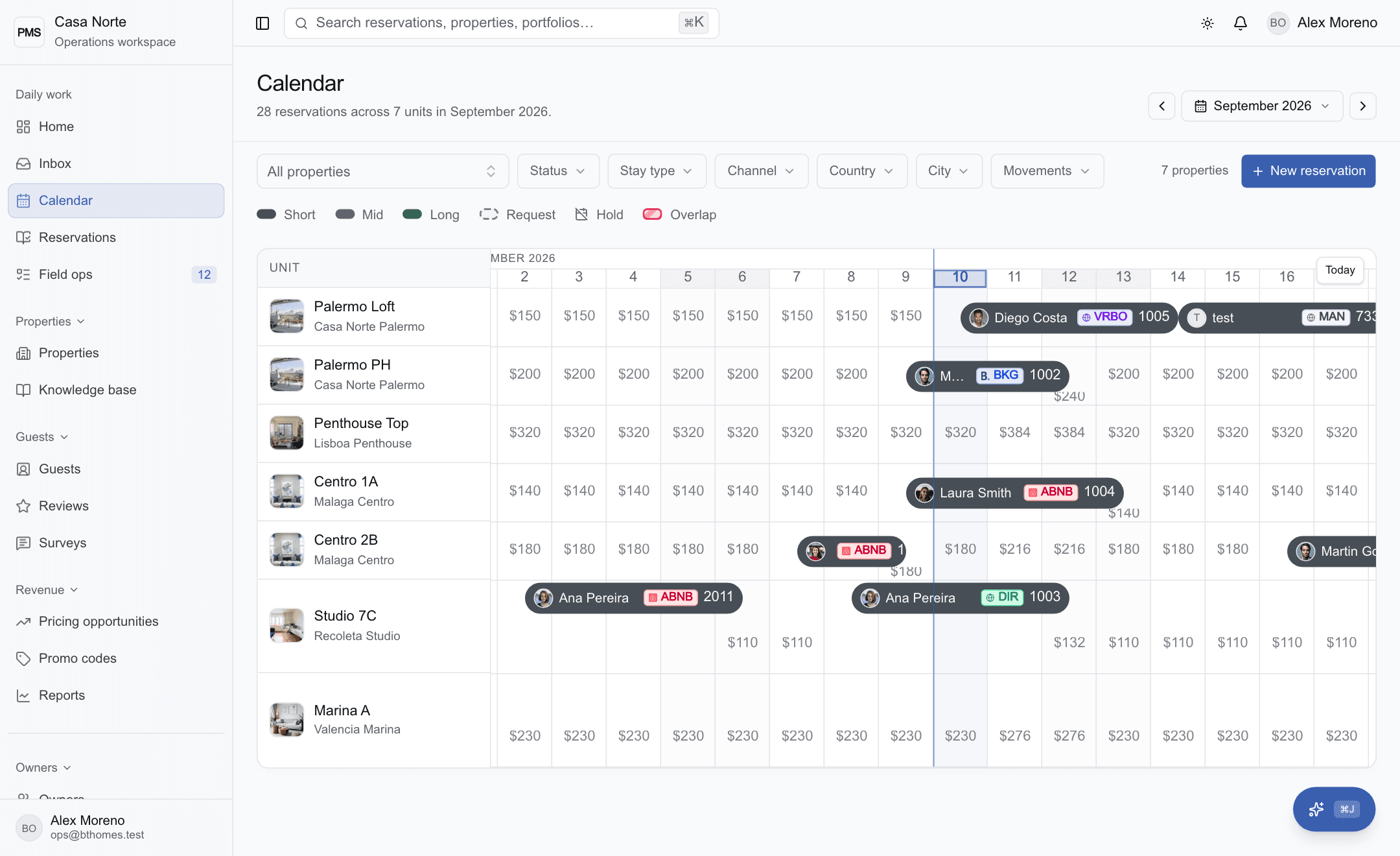 Gried calendar showing properties, reservations and availability in one view.